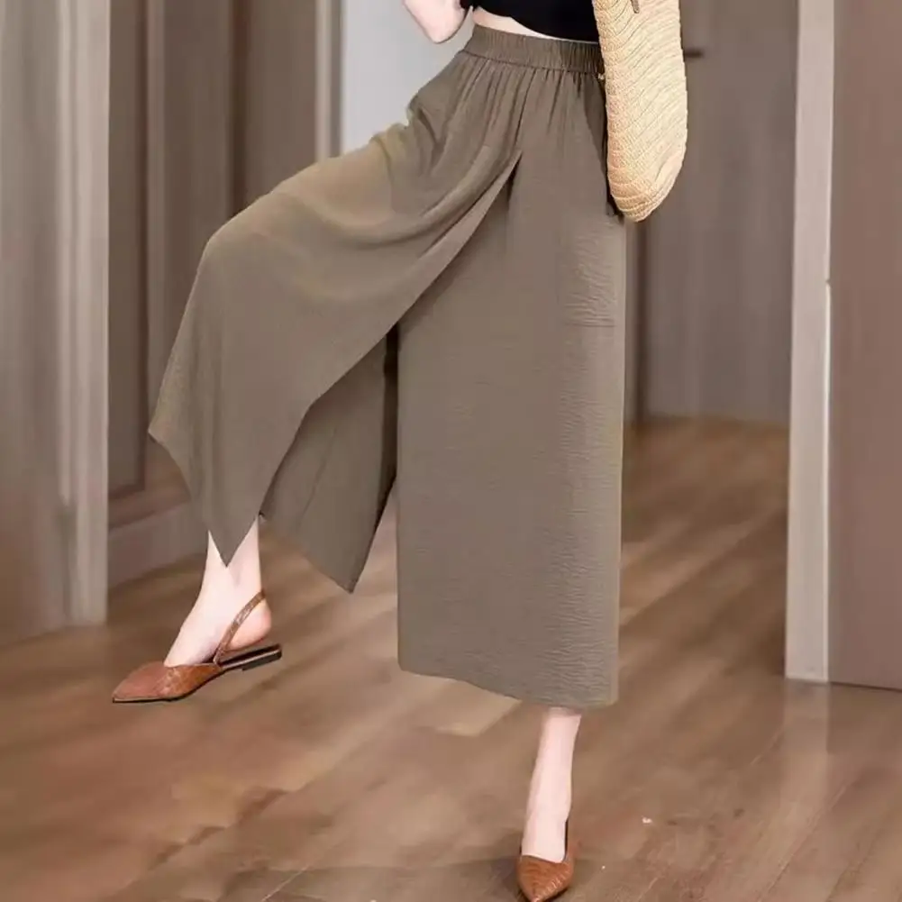 Women Summer Pants Elastic High Waist Wide Leg Cropped Pants Solid Color Slit Cuffs Loose Fit Skirt Pants Women Clothing