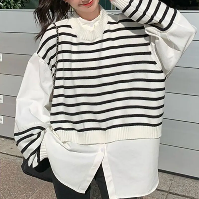 Elegant Fashion Harajuku Slim Fit Fake Two Pieces Patchwork Blouse Stripe O Neck Insert Long Sleeve Tops Women Female Clothes