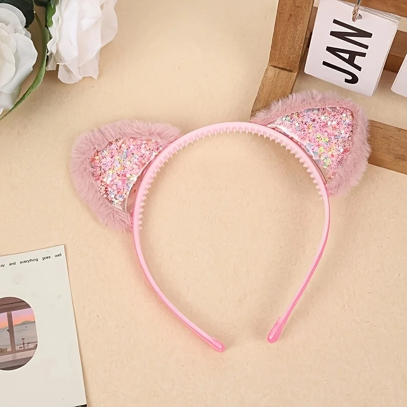 

1pc Autumn Winter Plush Glitter Sequin Cat Ear Headband | Cute Holiday Party Dress-Up Hair, Elegant and Bright Color Style