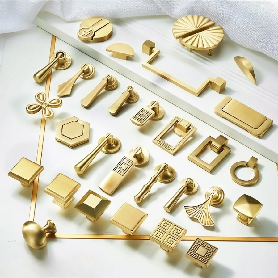

New Chinese Style Brass Knobs and Handles for Drawers Golden Furniture Handles Single Hole Dresser Kitchen Cabinet Handles