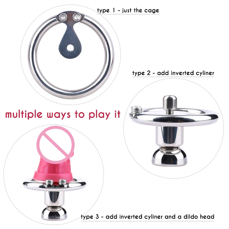 FRRK Metal Chastity Belt with Black Penis Dildo Head New Stainless Steel Negative Cock Cage BDSM Adult Sex Products for Male