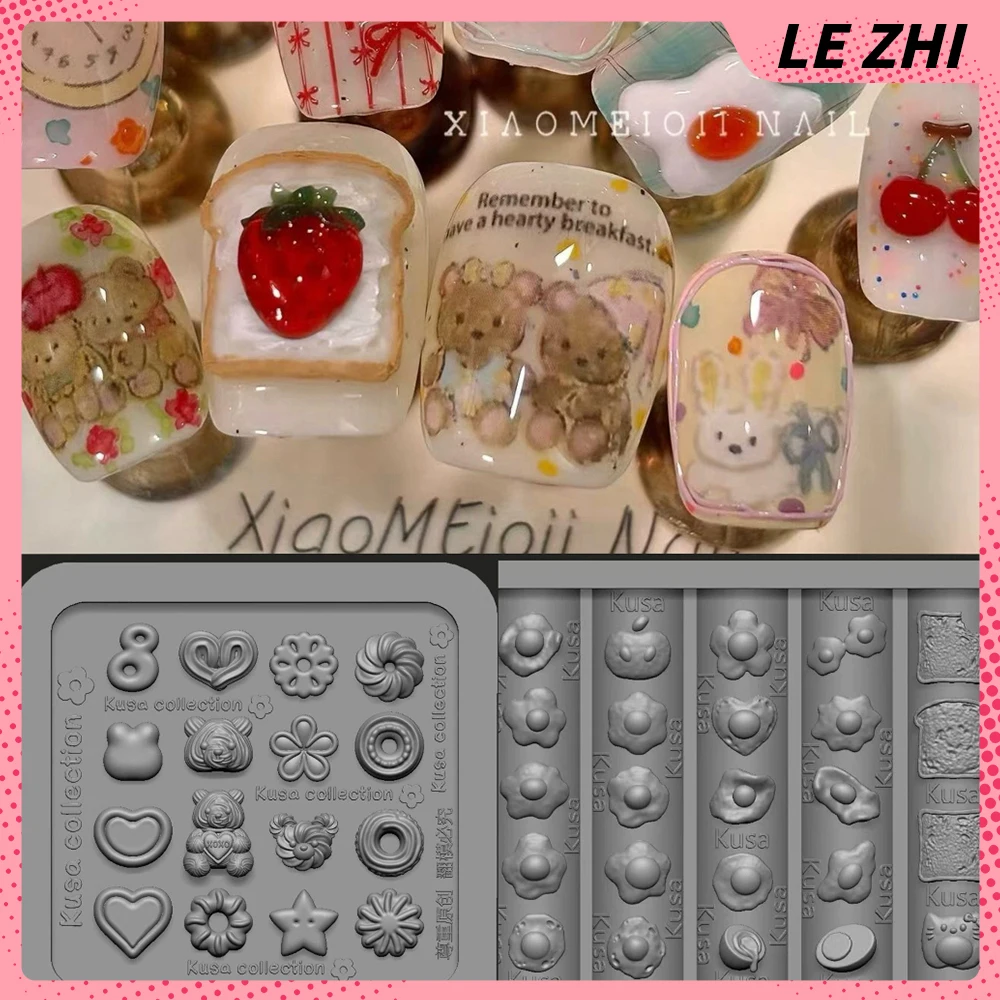 

Kawaii Cookie Fried Egg 3D Acrylic Mold Nail Art Decorations Bear Flower Five-Pointed Star Love Biscuit Bread Silicone Nail Mold