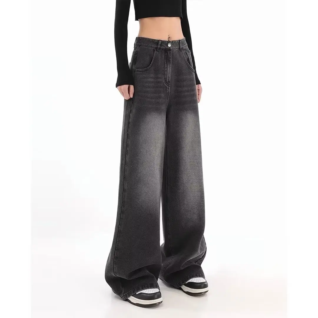 

2024 Woman High Waist Jeans Lady Slim Fit Loose Denim Wide Leg Pants Girls Black Gray High Street Straight Leg Trousers