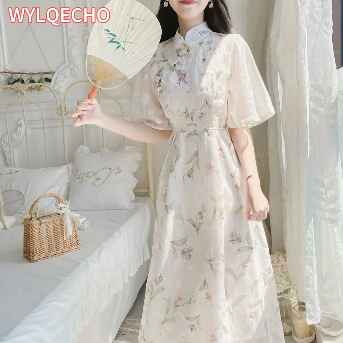 

2024 improved chinese style daily cheongsam stand collar double breasted button up dress chic jacquard waist cinching qipao