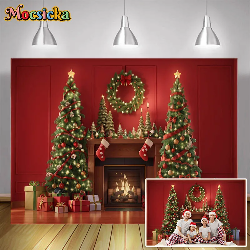 

Christmas Photography Backdrops Red Background Fireplace Candle Xmas Tree Gift Box Decoration Family Photo Backgrounds Photocall