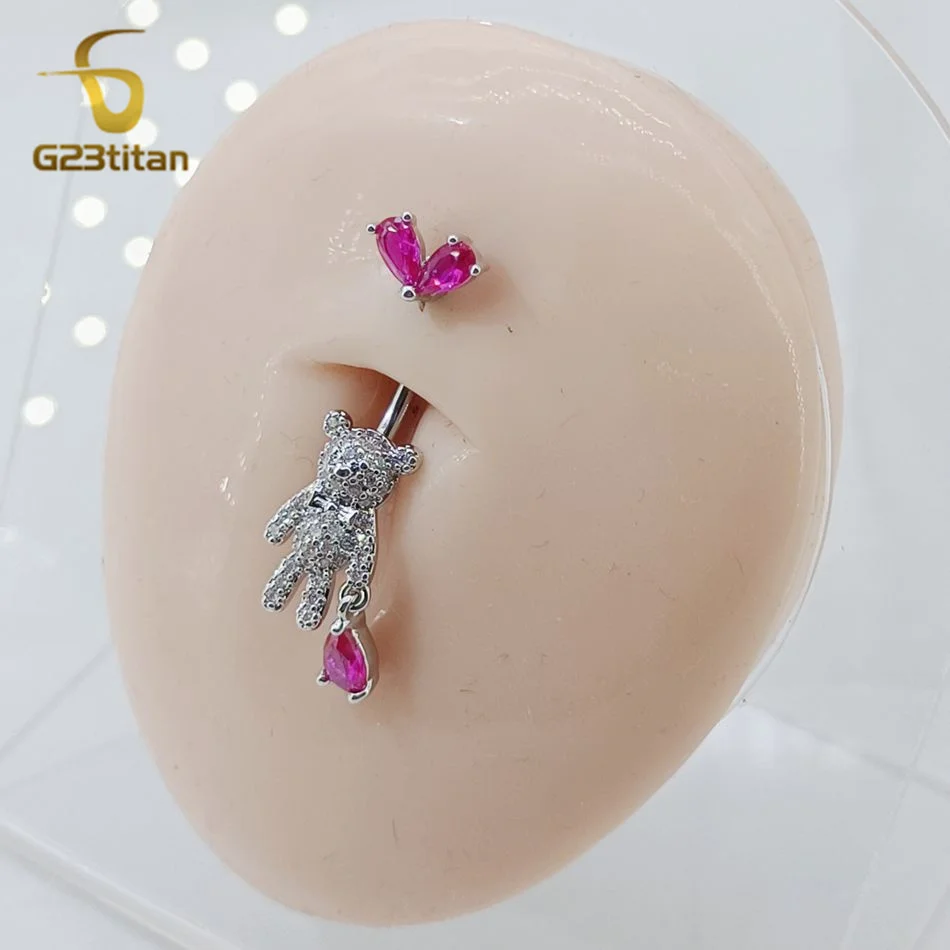 Y2K Pink Heart Bear Floating Navel Ring Bling CZ Animal Belly Piercing 14G Titanium Barbell Hottie Body Jewelry Beach Accessory