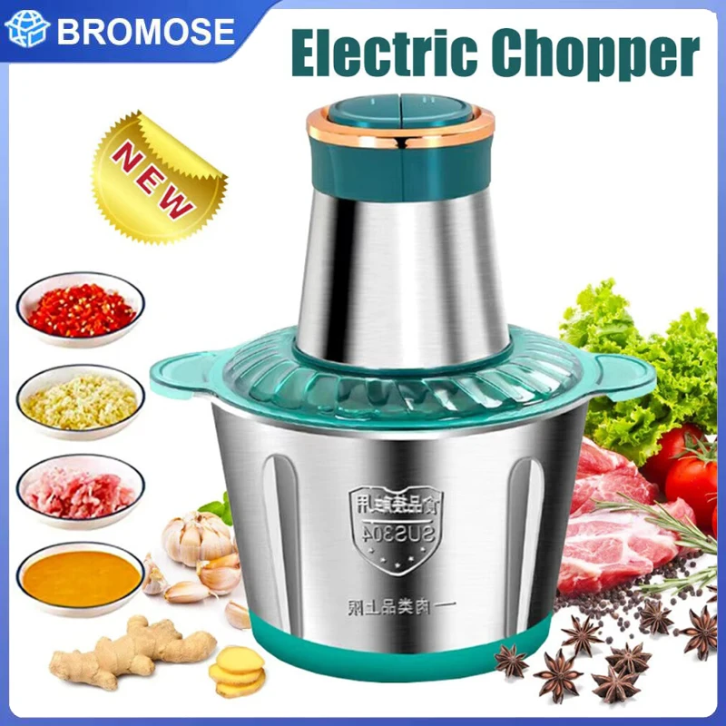 Picadoras de Carne Eléctricas Bromose de 2L, Trituradora de Alimentos de Acero Inoxidable, Procesador Multifuncional de Verduras, Picadora, Licuadora de Cocina