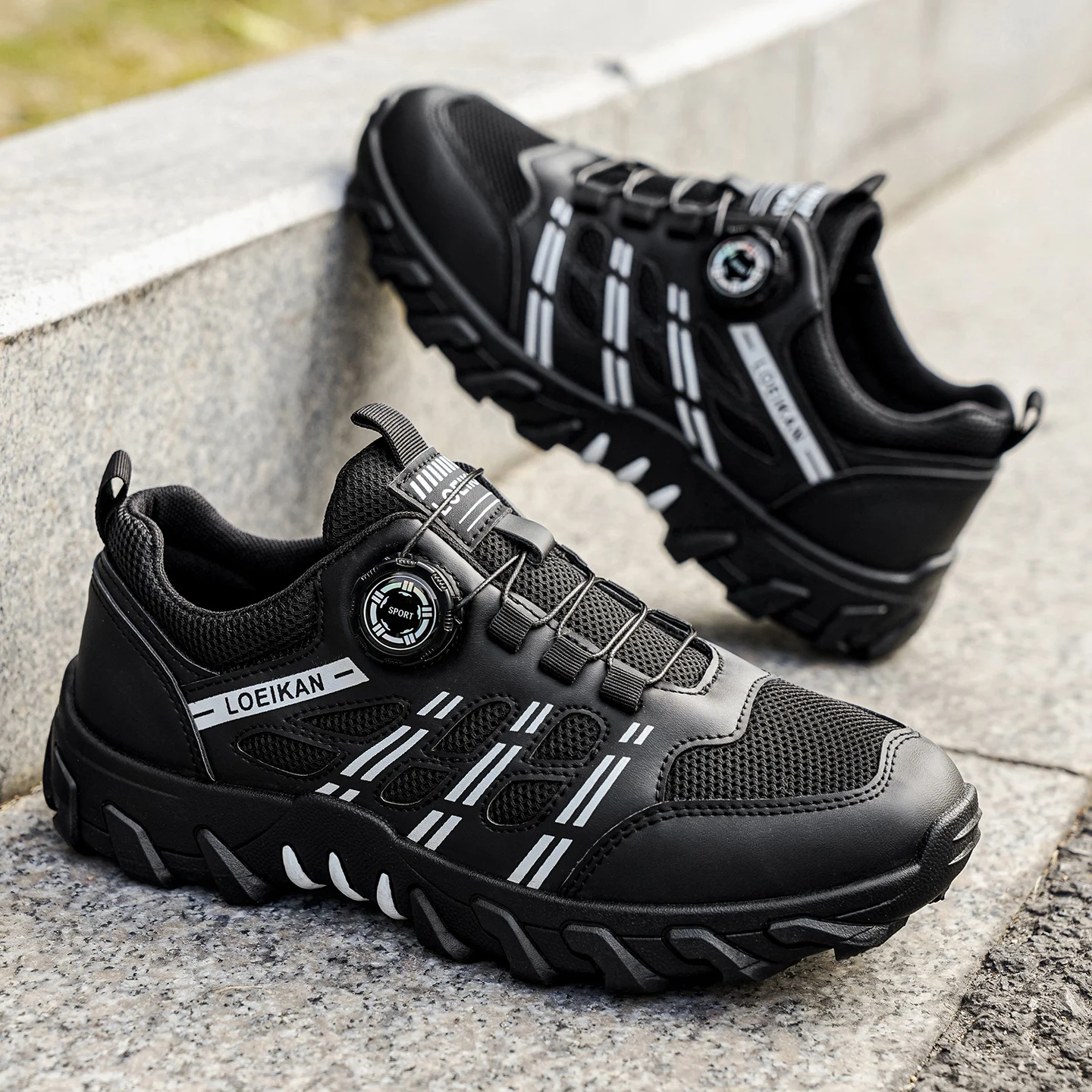Men's All-Season Outdoor Casual Hiking Shoes, Comfortable Breathable Slip-On Design with Rotating Buckle, Thick-Soled PVC Sneake