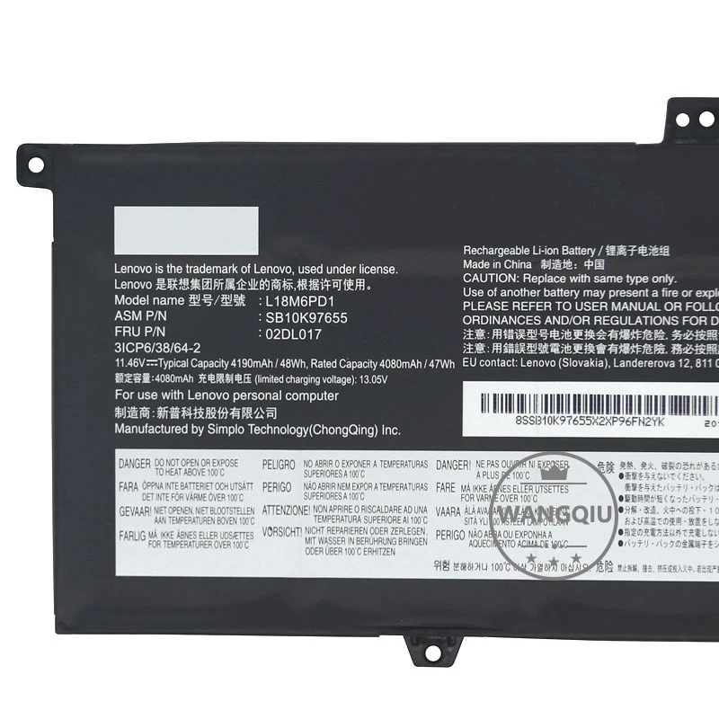 WANGQIU Original laptop battery for Lenovo Thinkpad X390 X395 X13 X13 Gen 1 TP00106A/6B/6C L18C6PD1 L18/L/M/D/6PD1 L18M6PD2