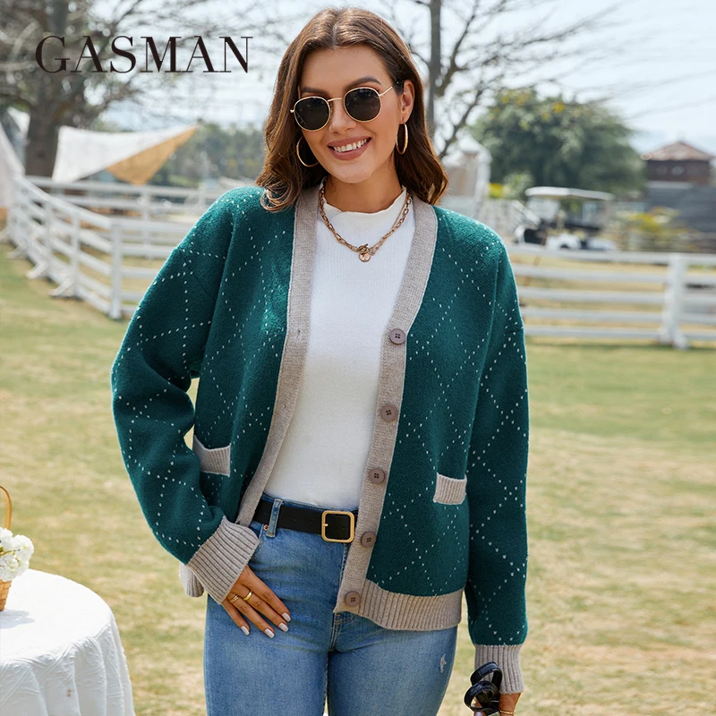 GASMAN 2022 Spring Cardigan for women diamond block lattice Fashion color contrast design Women's sweater coat women AW-2021015