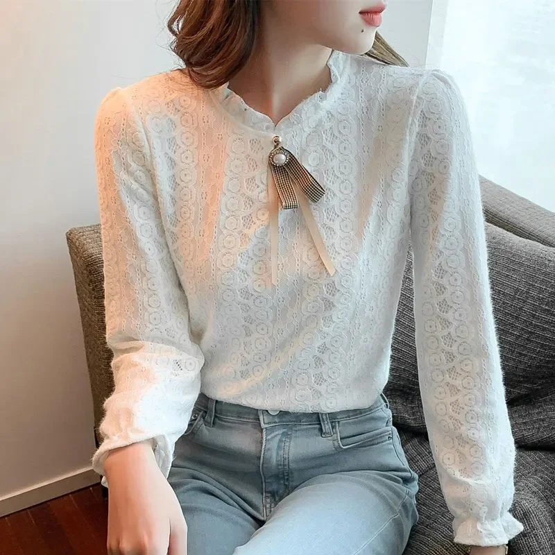 

New Style Warm Base Layer Blouse with Velvet and Thickening for Autumn and Winter Exquisite Bow Knot Versatile and Stylish