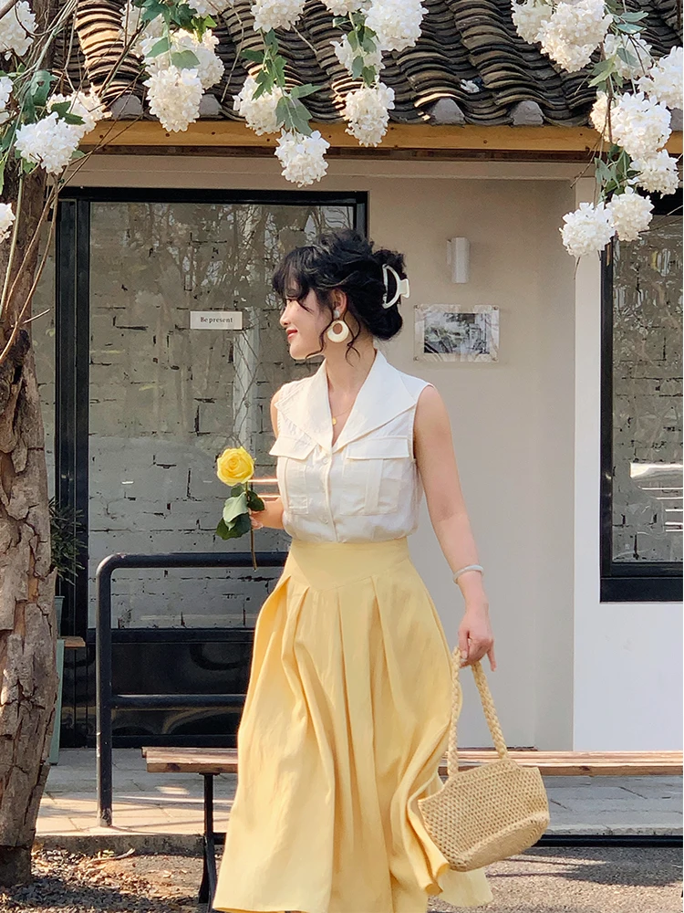 

Женская летняя модная укороченная рубашка Yuan Ying без воротника, без рукавов, из хлопка и льна, прямого кроя, во французском стиле, бежевого цвета