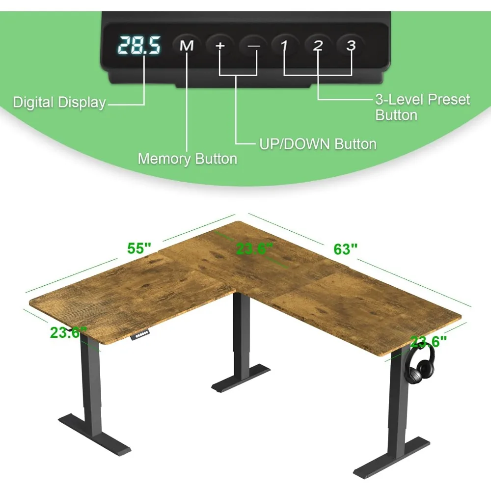 Upgrade Version 63 * 55 inch L Shaped Electric Adjustable Height Standing Desk, Corner Stand Up Desks, Computer Desks