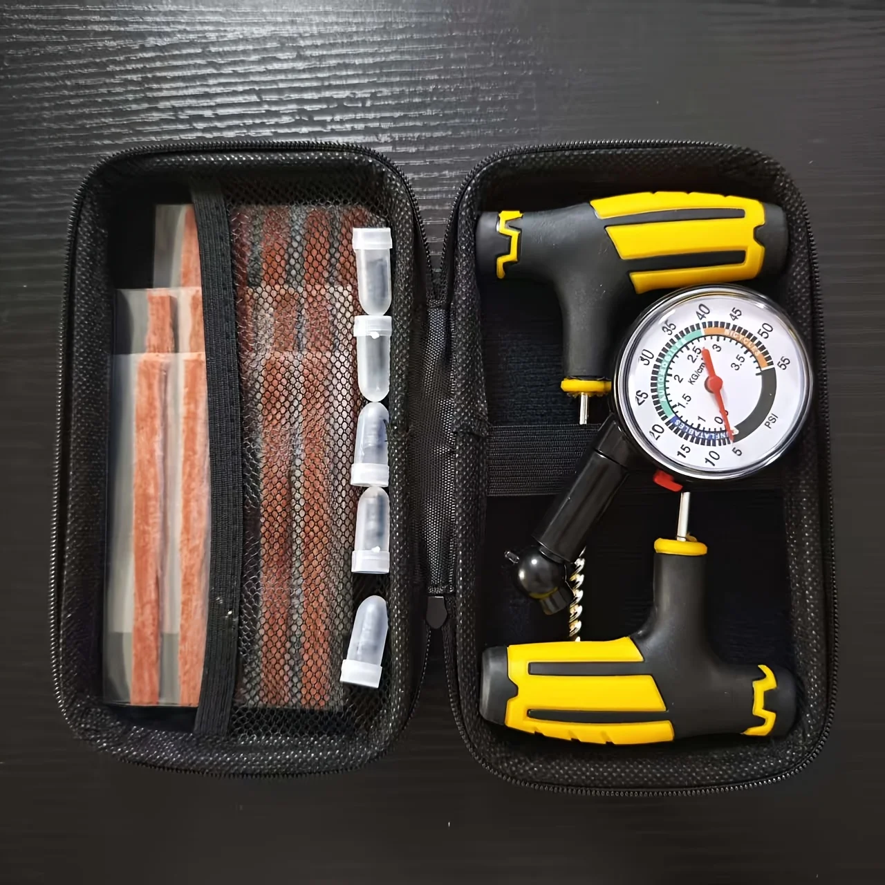 Tyre Repair Kit for Car Motorcycle ATV Truck SUV RV Trailer, Reamer Plugger with Plugs, Strips and Pressure Gauge