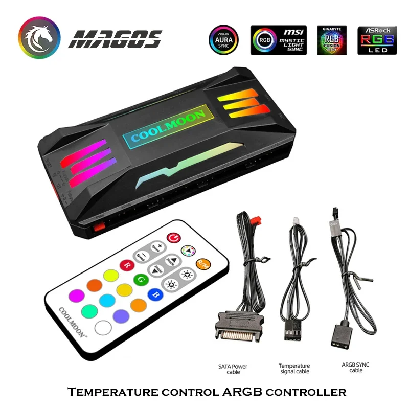 COOLMOON PC Case Fan RGB HUB Controller, PWM Smart TEMP. ADJ.+ 5V ARGB M/B SYNC, Wireless Remote Control For Chassis Cooling Fan