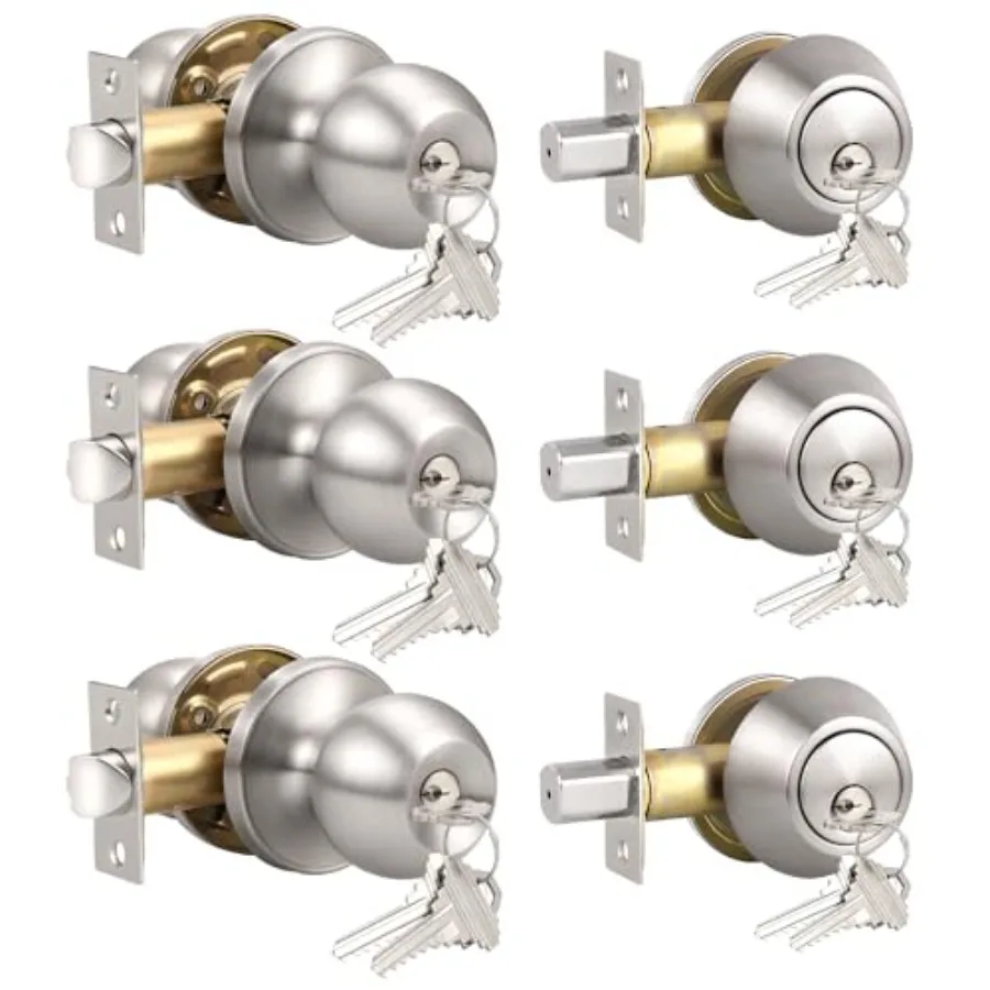 

3 Set Keyed Same Entry Door Knob with Deadbolt, One Keyway Door Lock Set in Finish, Indoor/Outdoor Security Door Handles