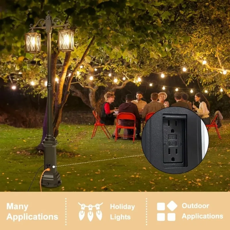 أثاث الحدائق تصميم مبتكر من الغسق إلى الفجر أضواء عمود المصابيح الخارجية مع منفذ GFCI، ضوء شارع المزرعة برأس مزدوج