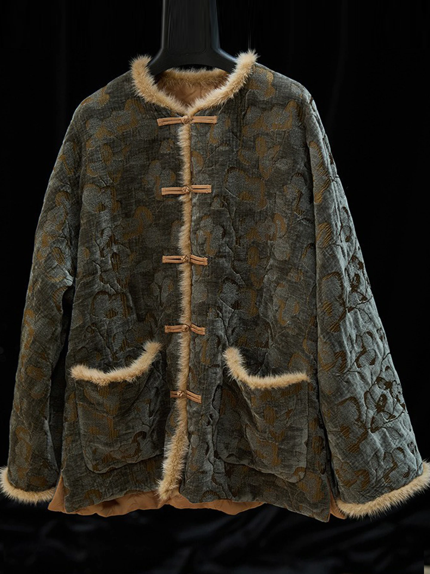 

Новое китайское модное пальто из утолщенного хлопка с двусторонним ношением, с вышивкой и искусственным мехом в ретро-стиле