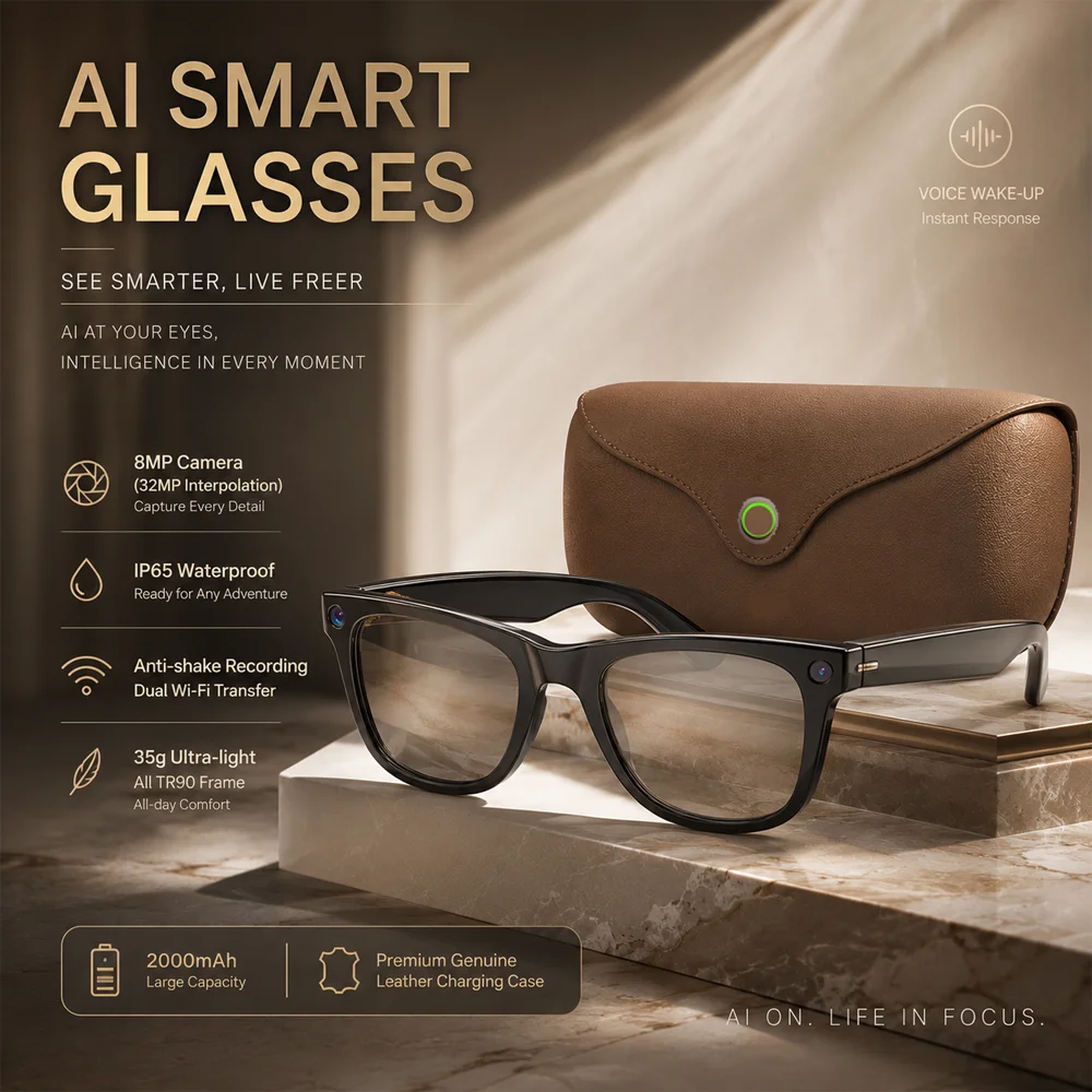 

AI Voice Wake-up AI Translation Smart Glasses 2026 Genuine Leather Design 3D Music BT Call 8MP HD Lens 2000Mah Charging Case