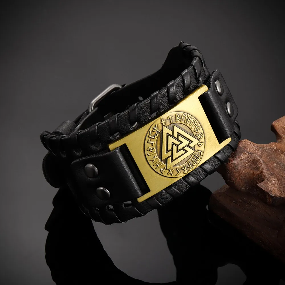 Men's Handwoven Wide Leather Adjustable Wrist Strap Alloy Triangle Slavic Bracelet for Men's Popular Fashion Jewelry Decoration
