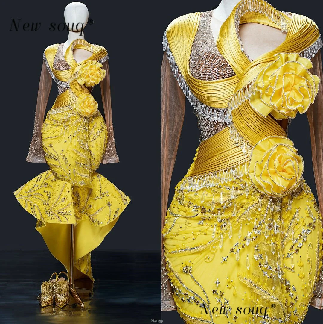 2025 African Fashion Golden Yellow High Low Mermaid Evening Dresses Customized Crystals Beaded Prom Party Gowns for Black Girls