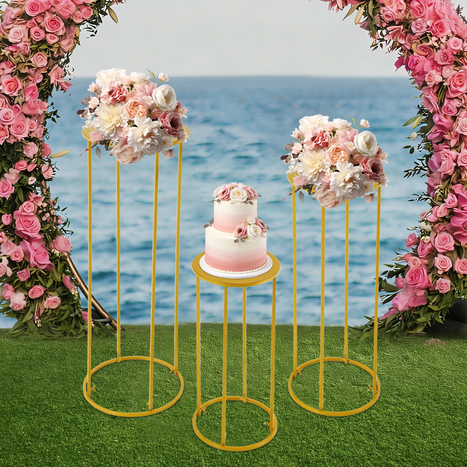 

3Pcs Gold Cylindrical Wedding Flower Stand Set Detachable 10mm Square Steel Pipe High Temp Baking Paint Heavy Load Floral Display Rack 35×100/30×79/25×59cm for Wedding Banquet Birthday Baby Shower Party Opening Ceremony DIY Floral Balloon Decor