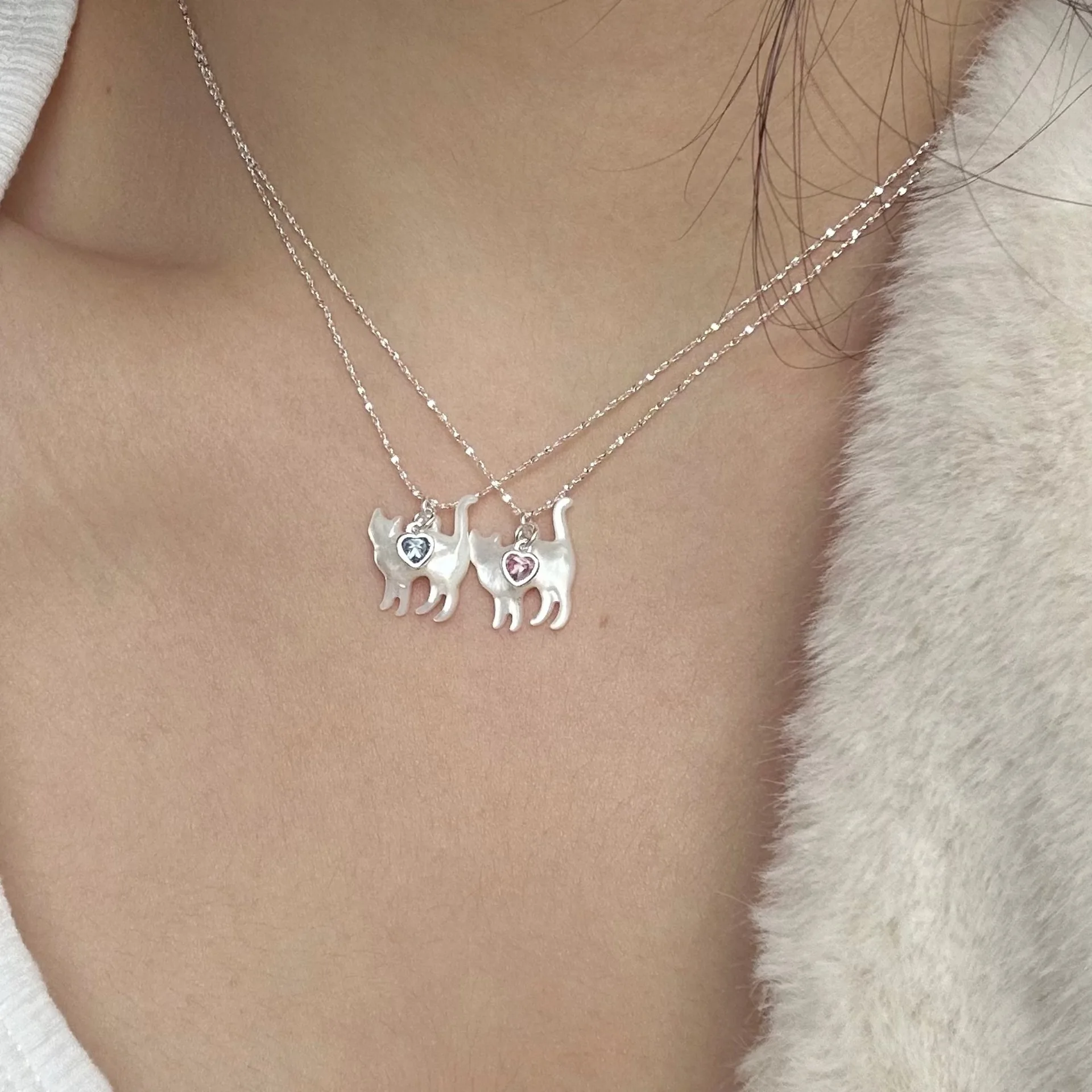 S925 Sterling Silver Cubic Zirconia Cat Love Pendant Neckalce White Shell Fairy Korean Starry Sky Chain