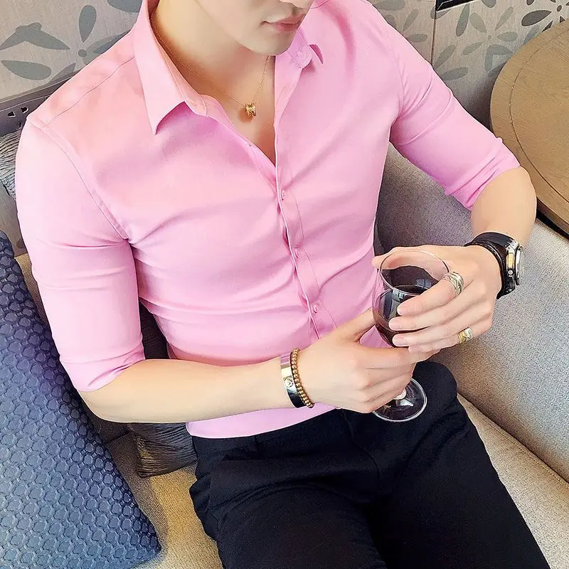 Spring Summer Korean Fashion Polo-neck Solid Color Shirt Hombre 3/4 Sleeve All-match Bottoming Cardigans Top Men Casual Blouse