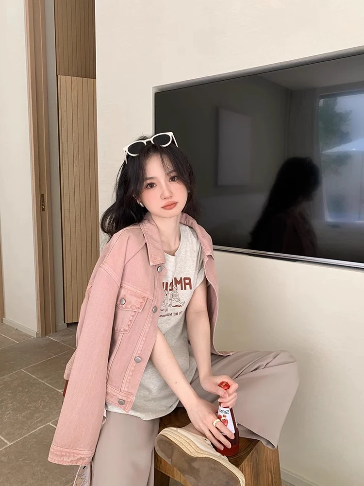 Chic Denim Jackets Women Pink Streetwear Cropped Kawaii Aesthetic Clothing Daily Vintage Popular Cool All-match Ulzzang Coat