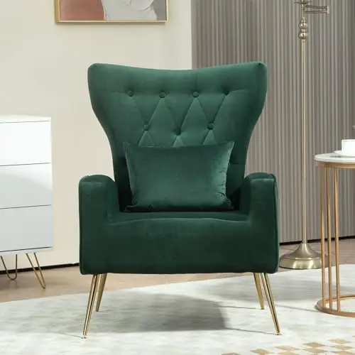 Button-Tufted Velvet Accent Chair, Mid Century Modern Living Room Chair with High Wingback, Upholstered Arm Chair with