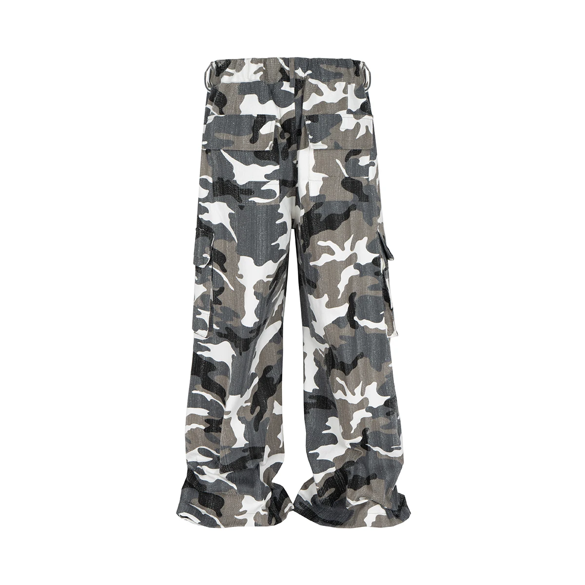 High Street Knee Pleated Multi-pockets Baggy Camouflage Cargo Pants for Men and Women Straight Elastic Waist Casual Overalls