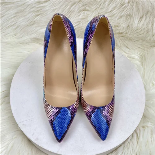 Blauer Schlangenmuster-Stiletto, 12 cm, 10 cm, 8 cm hoch, dünner Absatz, Abendparty, Dating, Slip-on-Damenpumpe, Übergröße YG072 ROVICIYA 4