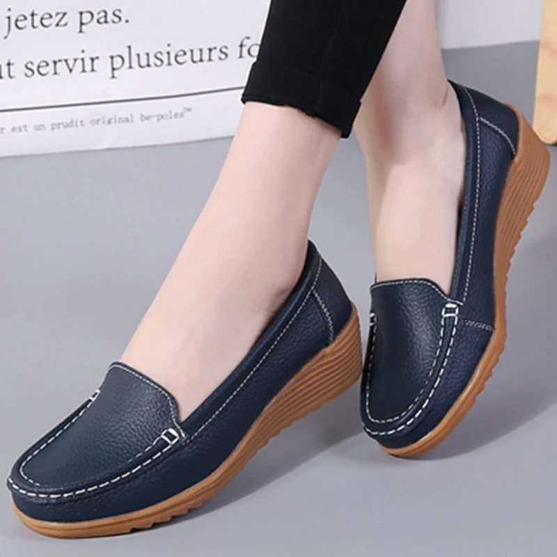 Zapatos de cuero suave con tacón para Mujer, mocasines planos negros, informales, calzado femenino