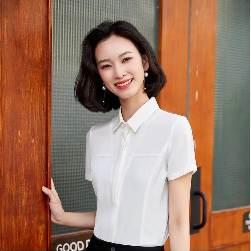 2021 Summer Turn-down Collar Blouses and Shirts For Women Business Work Wear OL Styles Short Sleeve For Ladies Blouse Female Top