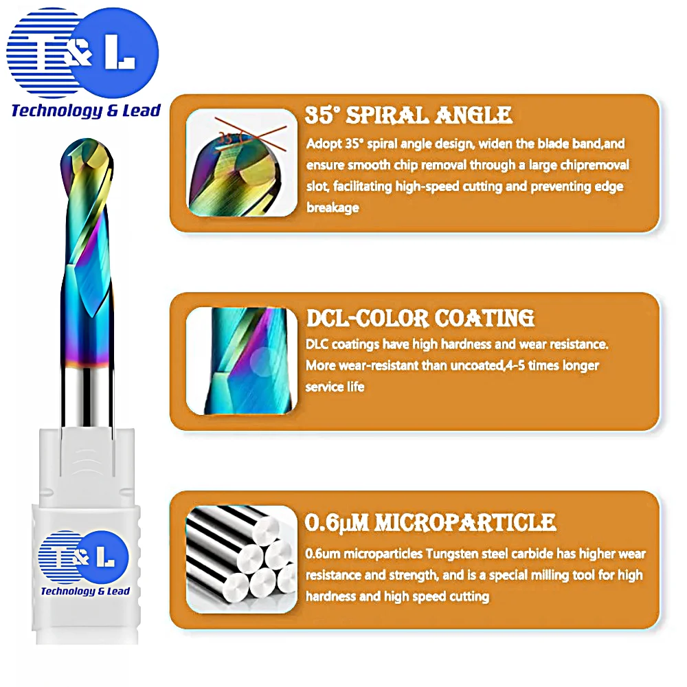 T&L HRC63 2F Colorful Coating Tungsten Steel Carbide Aluminum Ball End Milling Cutter CNC Mechanical Machining End Mill Tools