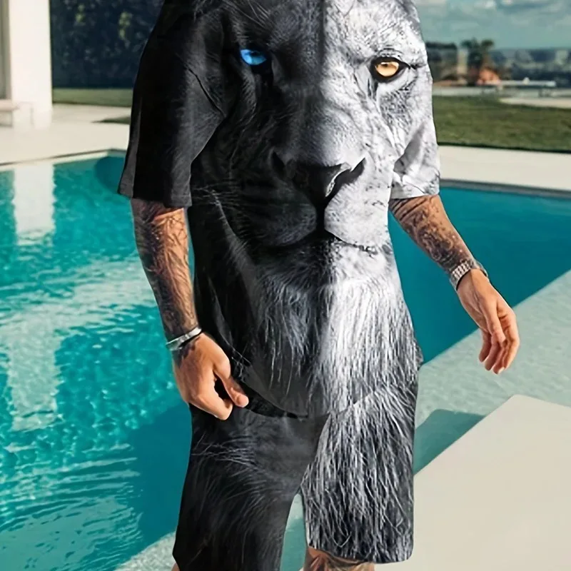 New Men's Plus Size Sportswear 3D Tiger Pattern Breathable Shorts Casual Y2K Style Cutting 2025 Summer Set