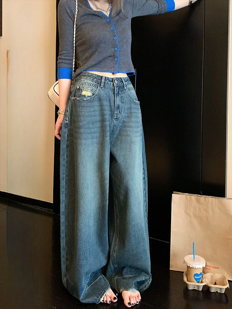 

Retro Washed High Waist Loose Women's Jeans Knife Design Casual Spring Summer Denim Pants Comfortable Straight Leg Trousers