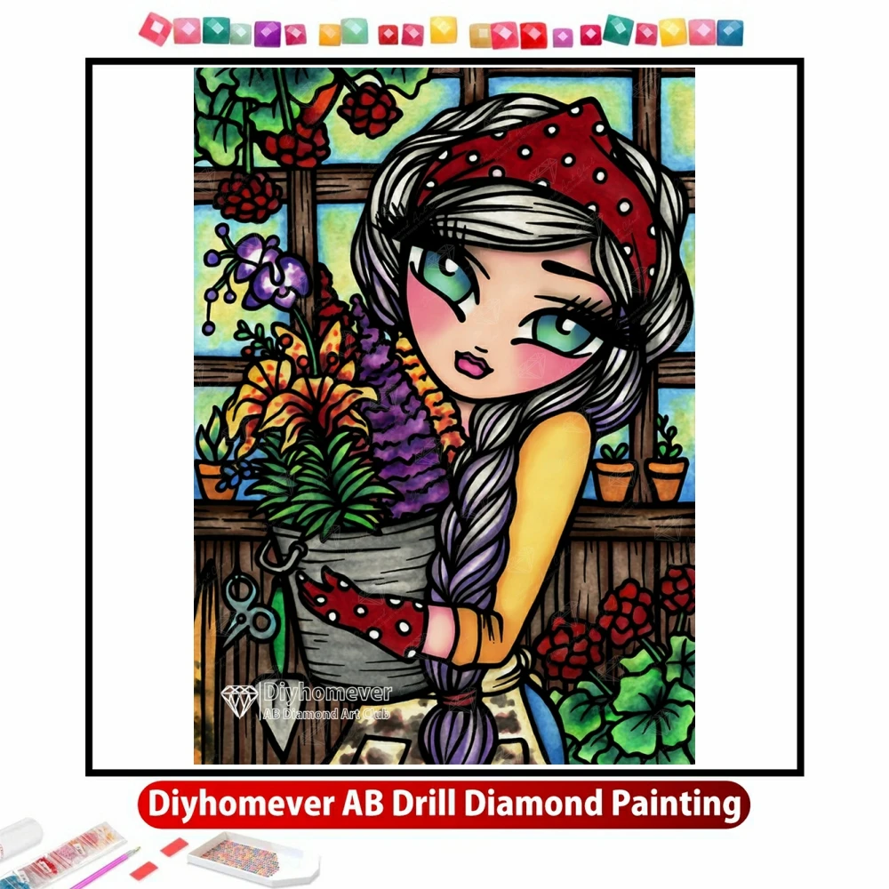 

Flower Market Girl 5D DIY AB Diamond Painting Mosaic Cartoon Art Cross Stitch Rhinestones Embroidery Home Decor Gift