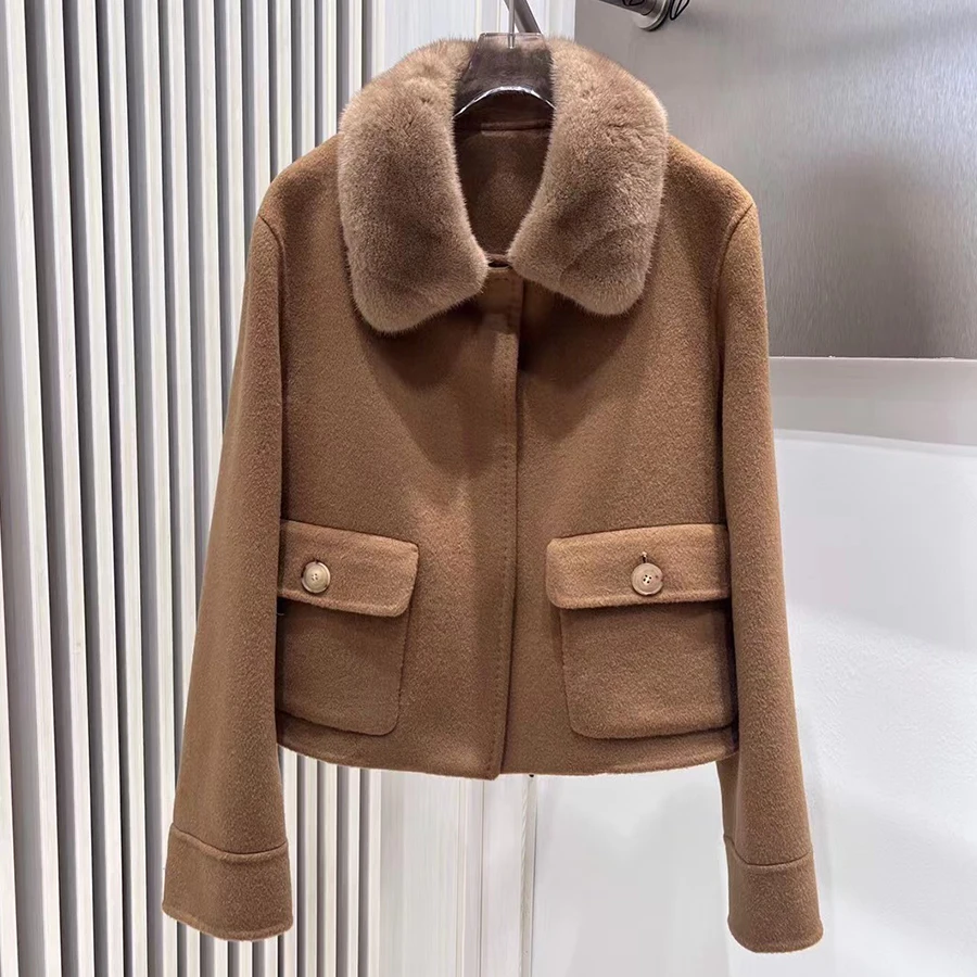 여성용 겨울 코트 럭셔리 리얼 캐시미어 코트 천연 밍크 퍼 칼라 고품질 패션 롱 울 블렌드 코트