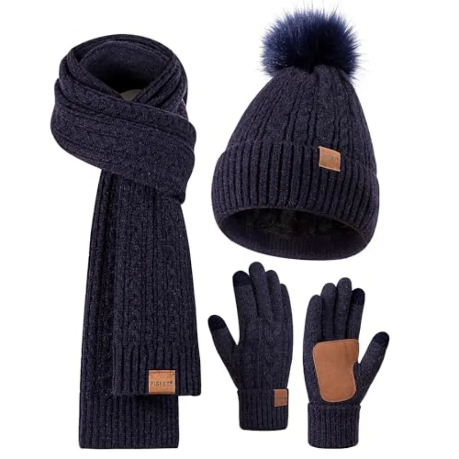 

Winter Beanie Hat Scarf Gloves Set for Women Pom Pom Beanie Fleece Lined Knit Neck Warmer Touchscreen Gloves 3 in 1 Gift Set