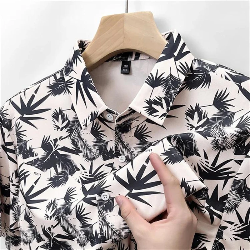 Seamless Silky Elastic Print Shirts For Men Short Sleeve Coolness Summer Quality Breathable Anti-Wrinkle Lapel Camisas De Hombre