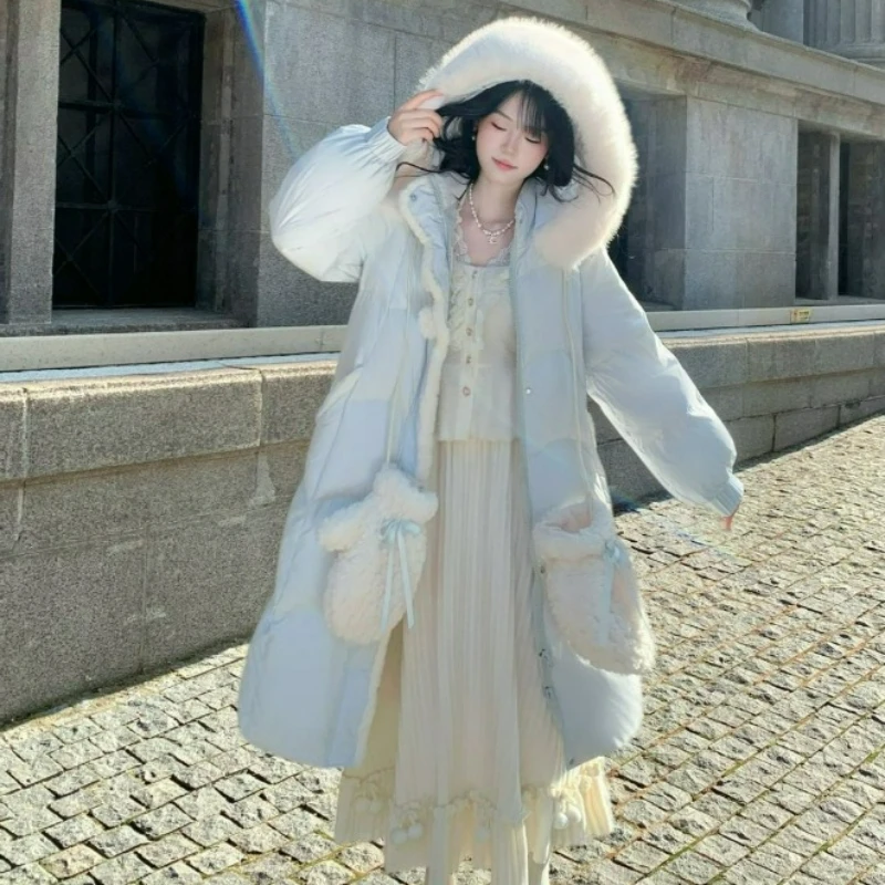 

2026 Winter Fashionable Design Sweet Thick Warm Coat Solid Color Zipper Large Fur Collar Hooded Cotton-padded Jacket for Women