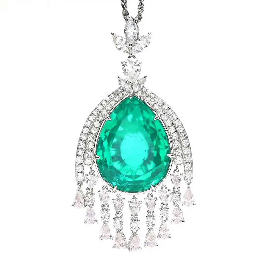 Fashion S925 Sterling silver Green Emerald Gemstone Tassels Flame Necklace  Pendant Necklace Girl gift Fine Jewelery