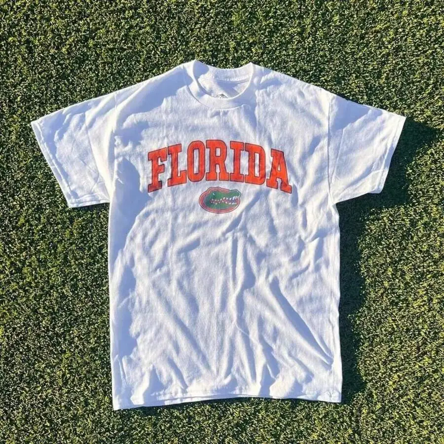 Vintage Florida State Gators Pattern White Cotton Short Sleeve Retro Comfort Summer Casual Top All Sizes