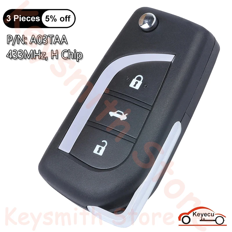 

KEYECU 3 Buttons 433MHz H Chip for Toyota Corolla Auris Aygo 2012 2013 - 2017 Auto Flip Remote Control Key Fob S000048000 A03TAA