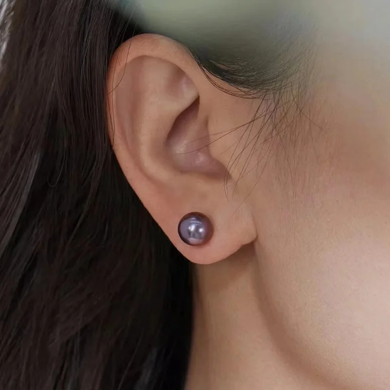 

Natural Freshwater Pearl 9-10Mm Round Almost Purple Sterling Silver Stud Earrings