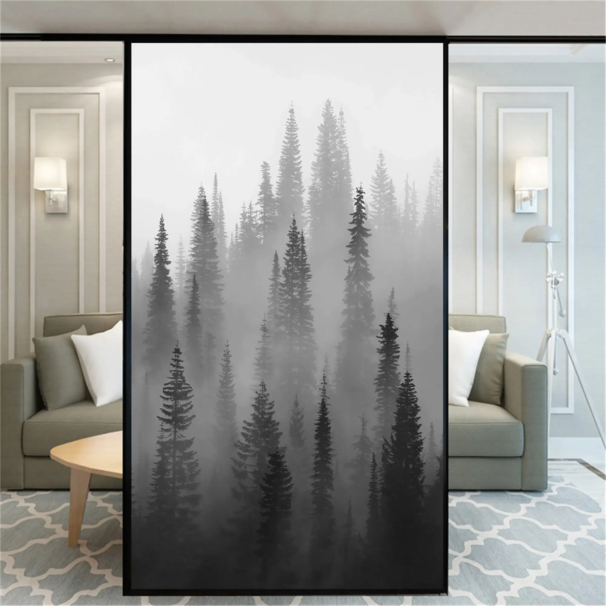 Pellicola per vetri della foresta autoadesiva, fantasia Misty Jungle Plant Tree glassato Privacy Window Film adesivi in vetro statico colorato