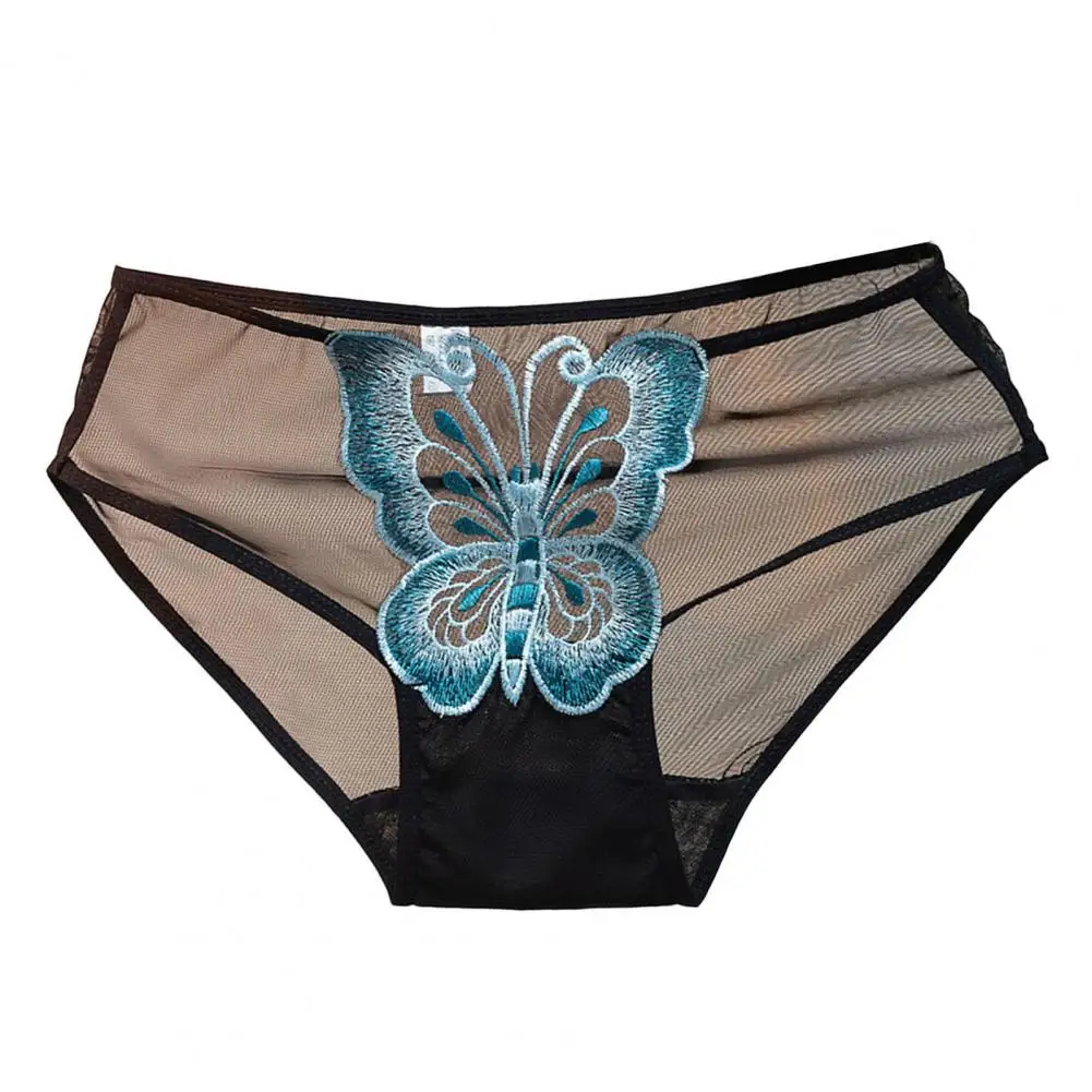 

Mesh Underpants Elegant Embroidered Mesh for Women Mid Waist Hollow Out Underpants for Wedding Night Bedroom See-through Elastic