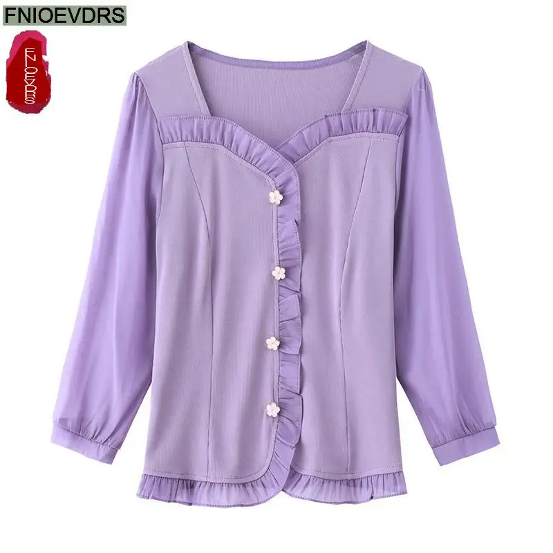 M-4XL 2024 Fashion Ruffles Button Tops Women Basic Wear Office Lady Square Neck Purple Elegant Retro Vintage Shirts Blouses