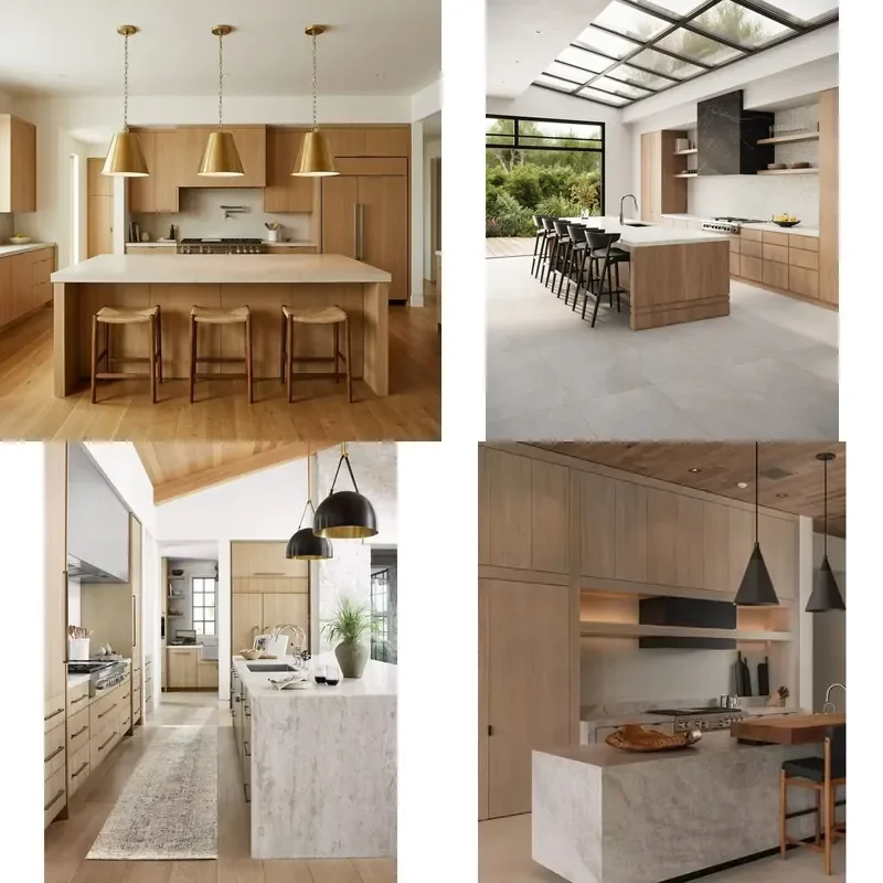 Natural Light Oak Wood Grain Kitchen Cabinet Texture Finish Custom High-end Flat Kitchen Furniture System